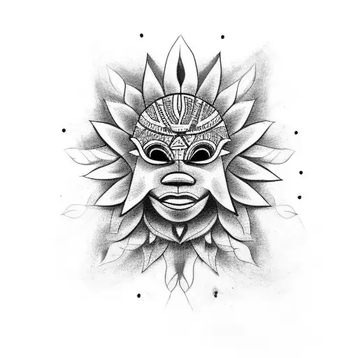 Design a tattoo of an African tribal mask with sunflowers as the eyes tattoo design idea