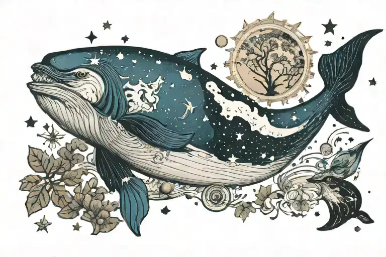 mathematics, astronaut and stars, musci notes, nature and a tree, ocean and a whale, logical tattoo design idea