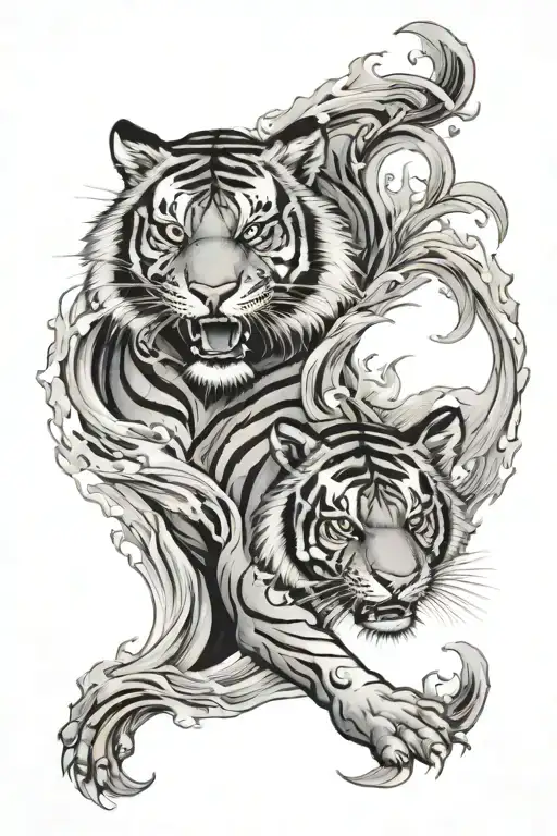 tiger surrounded by fiery waves crashing in the background tattoo design idea