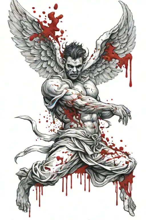 angel shooting self, blood splatter demon tattoo design idea