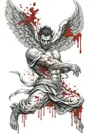 angel shooting self, blood splatter demon tattoo design idea