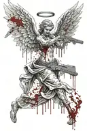 angel shooting self, blood splatter demon tattoo design idea
