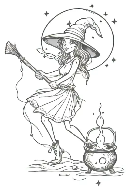 cauldron witch broom moon crystals growing tattoo design idea
