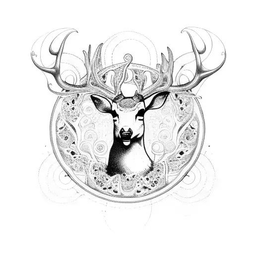A mystical trance scene with a deer and turtle surrounded by swirling patterns tattoo design idea