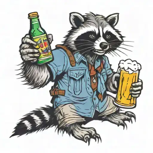 redneck racoon with mullet and a beer bottle tattoo design idea