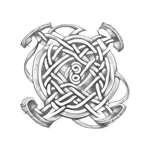 A Celtic knot intertwined with Greek and Roman mythological symbols tattoo design idea