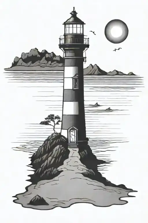 lighthouse on beach with footprints with light shining the way  tattoo design idea