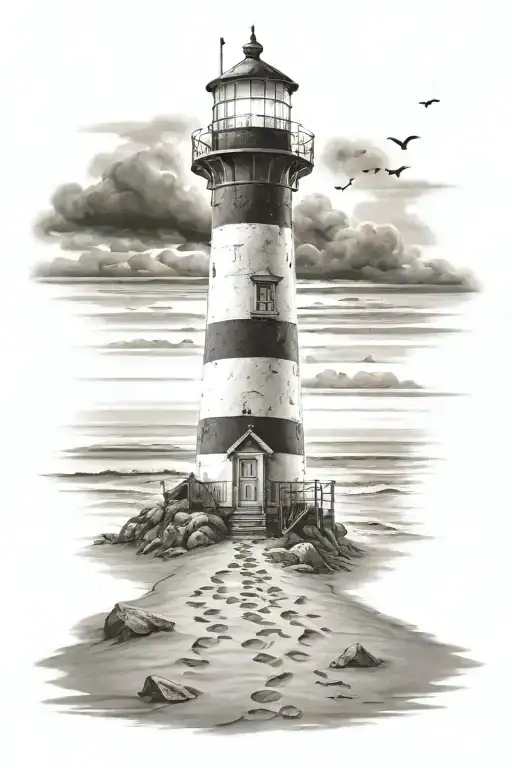 lighthouse on beach with footprints with light shining the way  tattoo design idea