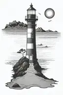 lighthouse on beach with footprints with light shining the way  tattoo design idea