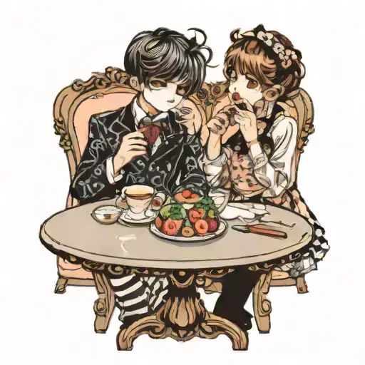 two boys in lolita fashion eating at a table  tattoo design idea