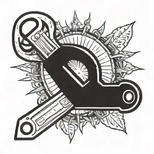 A detailed blackwork tattoo of a vintage pipe wrench intertwined with a radiant sun symbolizing renewable energy tattoo design idea