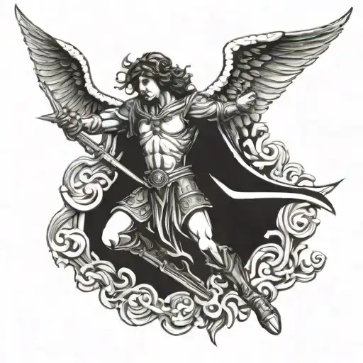 saint michael the archangel flying with a sword  tattoo design idea