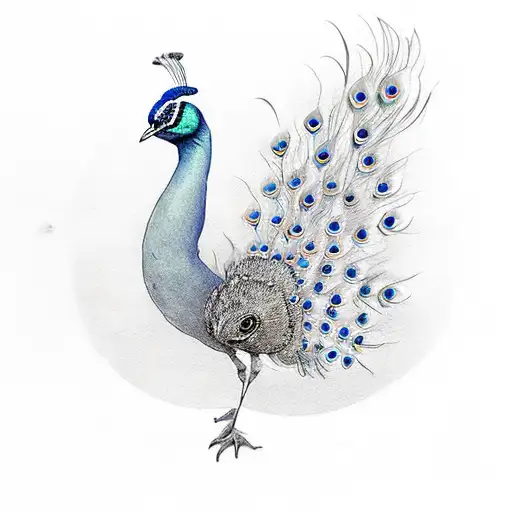 peacock with a long tail with sitting on a brick wall with greenary around  tattoo design idea