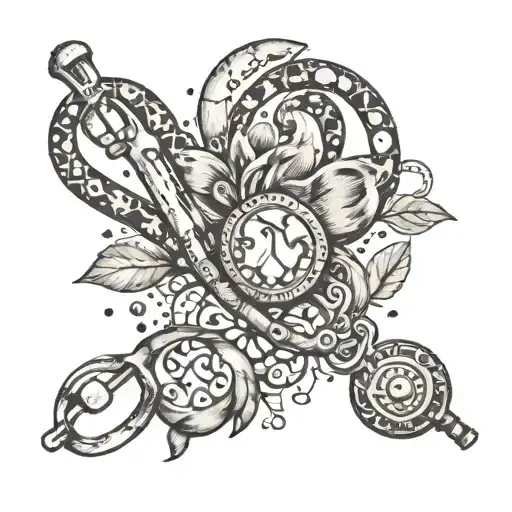 A tattoo design of a veterinarian's stethoscope intertwined with paw prints and animal silhouettes in a dotwork style tattoo design idea