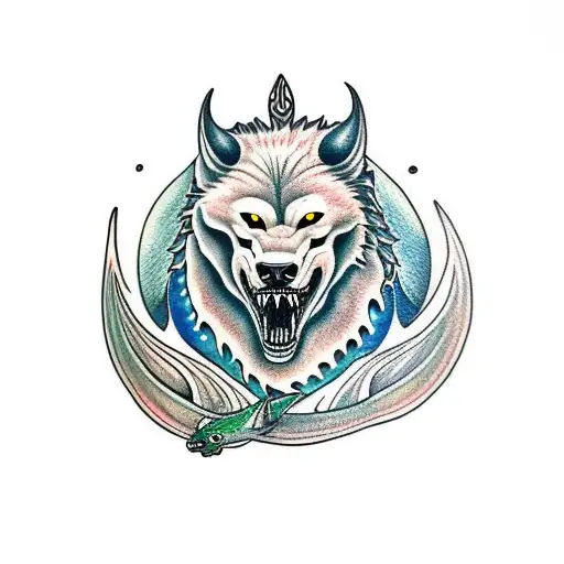 Jörmundgander with fenrir and yggdrasil tattoo design idea
