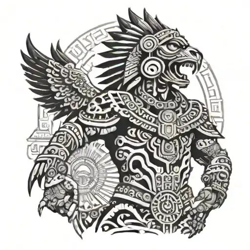 Aztec jaguar warrior standing in front of Aztec sun temple with an eagle flying above them tattoo design idea