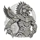 Aztec jaguar warrior standing in front of Aztec sun temple with an eagle flying above them tattoo design idea