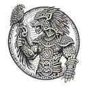 Aztec jaguar warrior standing in front of Aztec sun temple with an eagle flying above them tattoo design idea