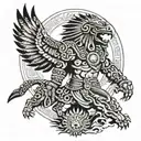 Aztec jaguar warrior standing in front of Aztec sun temple with an eagle flying above them tattoo design idea