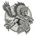 Aztec jaguar warrior standing in front of Aztec sun temple with an eagle flying above them tattoo design idea