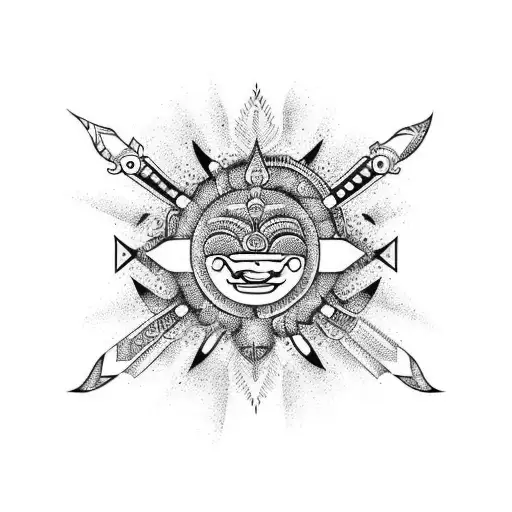 Create a tattoo design using symbols and art inspired by Cambodian, South Indian, Melanesian, and South American culture tattoo design idea