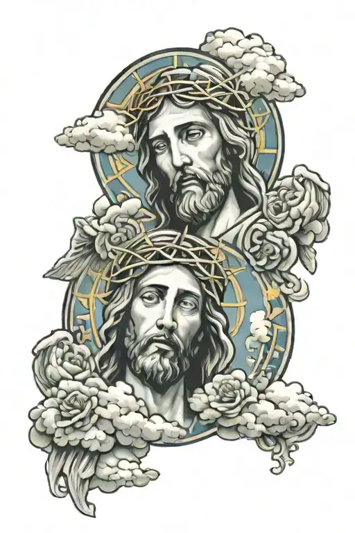 Jesus face And Virgin Mary's face And angels In the clouds tattoo design idea