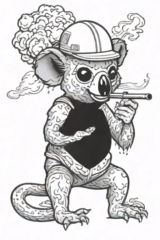Medusakoala smoking a pipe wearing an army helmet with an explosion in the background tattoo design idea
