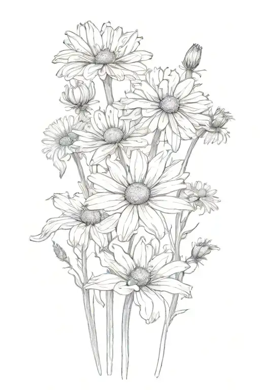 Daisy, iris, and dandelion flower tattoo design idea
