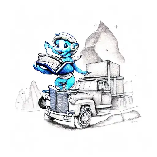 smurfette with book and truck tattoo design idea