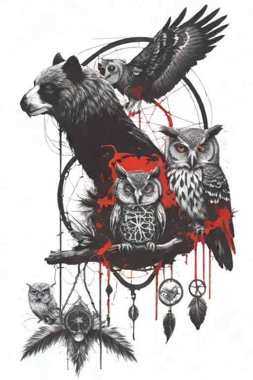 tree, teady bear, owl, hourglass dream catcher and puzzle  tattoo design idea