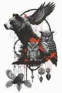 tree, teady bear, owl, hourglass dream catcher and puzzle  tattoo design idea