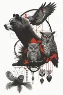 tree, teady bear, owl, hourglass dream catcher and puzzle  tattoo design idea