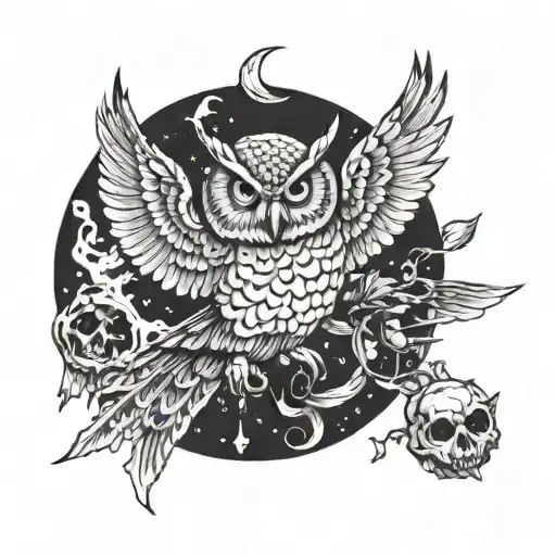 an owl flying carrying with a skull in it's claws  tattoo design idea