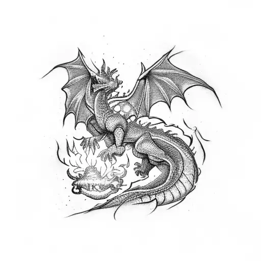 A dotwork tattoo of a dragon breathing fire onto a canvas, creating an abstract painting tattoo design idea