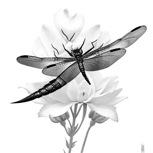 A black-grey tattoo of a dragonfly perched on a paintbrush with flowers blooming from the bristles tattoo design idea