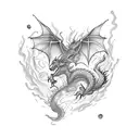 A dotwork tattoo of a dragon breathing fire onto a canvas, creating an abstract painting tattoo design idea