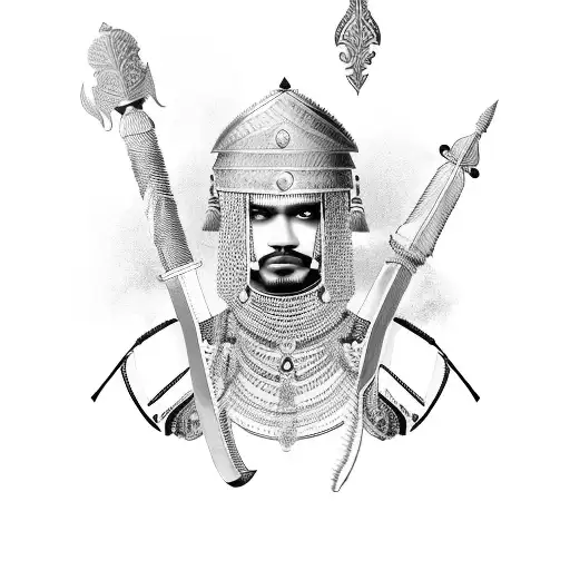 A regal Rajput warrior adorned with traditional armor and weapons tattoo design idea