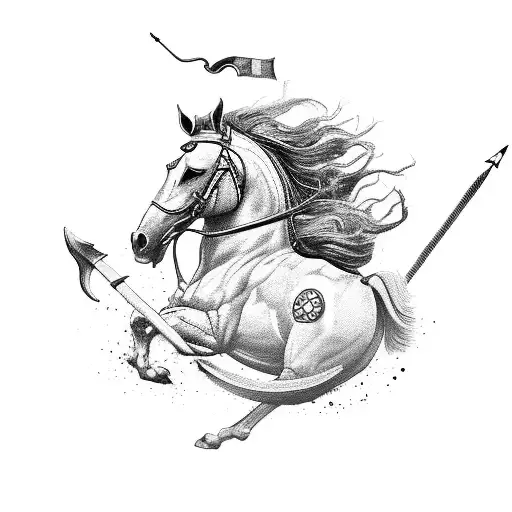 A fierce Rajput warrior riding a majestic horse into battle tattoo design idea