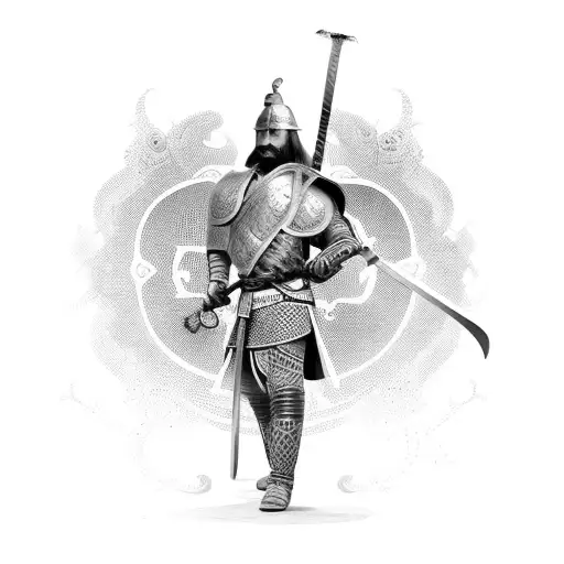A powerful Rajput warrior wielding a sword with intricate patterns tattoo design idea