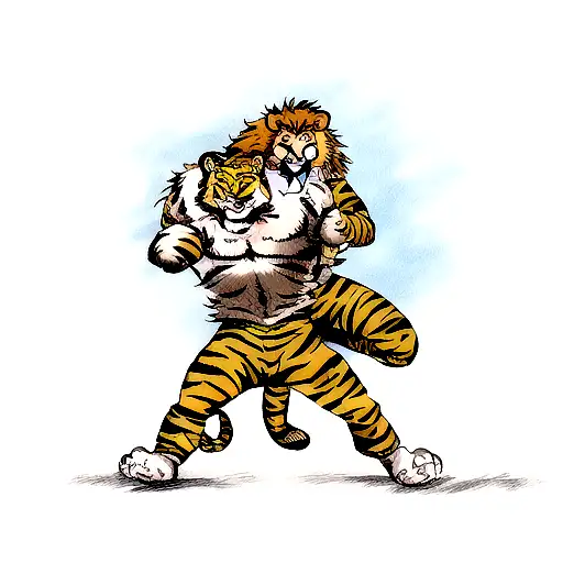 A lion and tiger locked in a fierce battle, symbolizing the client's warrior spirit tattoo design idea