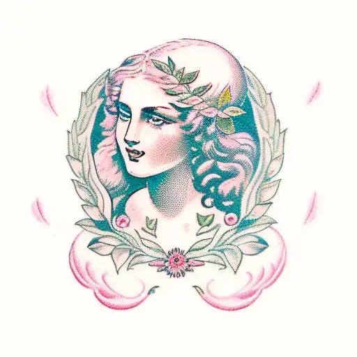 Aphrodite playing a harp with a pink laurel wreath on her head tattoo design idea