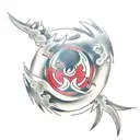 A traditional Japanese tattoo design featuring Sasuke Uchiha and Itachi engaged in a fierce battle, with elements of Japan's mythology incorporated, such as phoenixes and samurai warriors tattoo design idea