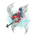 A traditional Japanese tattoo design featuring Sasuke Uchiha and Itachi engaged in a fierce battle, with elements of Japan's mythology incorporated, such as phoenixes and samurai warriors tattoo design idea