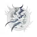 A traditional Japanese tattoo design featuring Sasuke Uchiha and Itachi engaged in a fierce battle, with elements of Japan's mythology incorporated, such as phoenixes and samurai warriors tattoo design idea