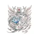 A traditional Japanese tattoo design featuring Sasuke Uchiha and Itachi engaged in a fierce battle, with elements of Japan's mythology incorporated, such as phoenixes and samurai warriors tattoo design idea