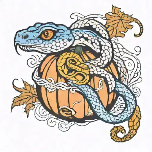 pumpkin with a scheletal snake and a white snake with blue eyes  tattoo design idea