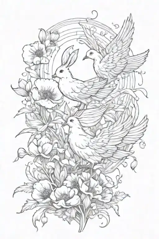 poppies and rabbits frolicking among colorful majestic phoenix rising tattoo design idea