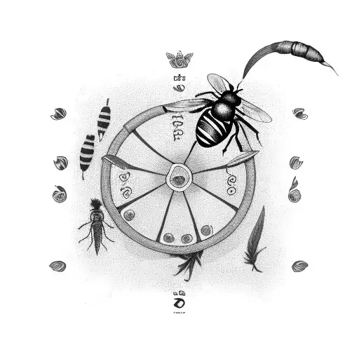 herbs sewing pagen wheel botanical style bee filagree background tattoo design idea