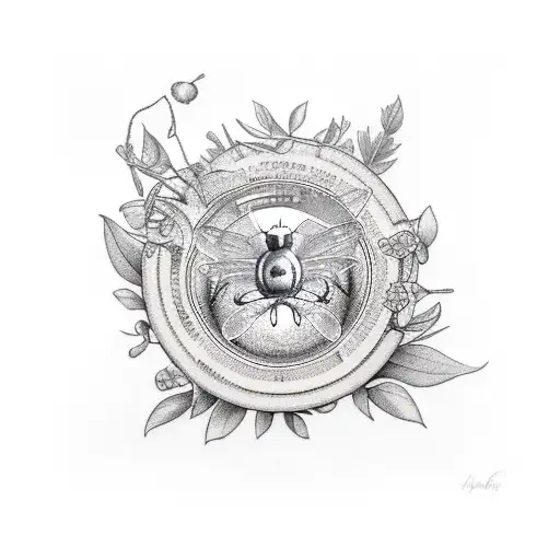 herbs sewing pagen wheel botanical style bee filagree background tattoo design idea