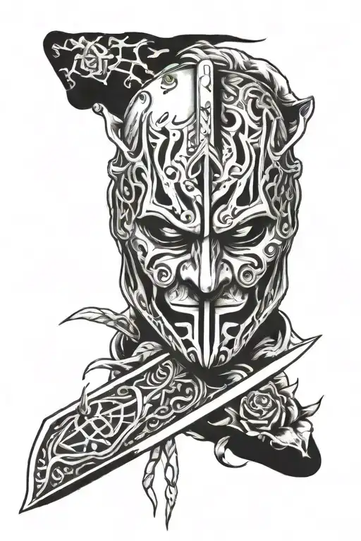 jason mask with machete slit and demons around and in slit tattoo design idea